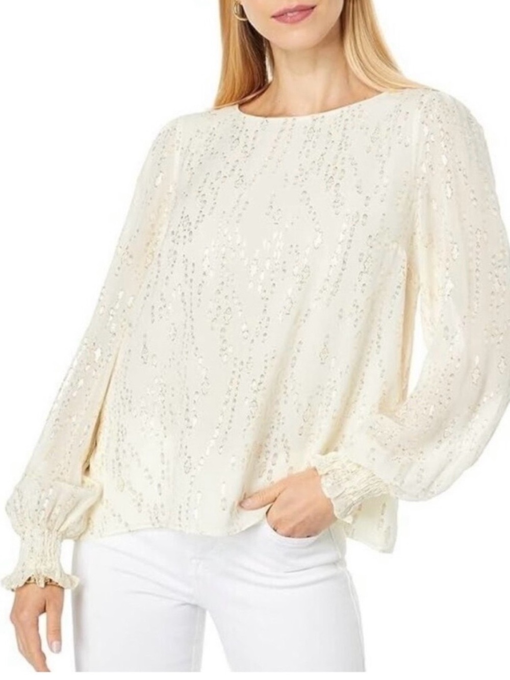 Lilly Pulitzer Idina Silk Long Sleeve Metallic Coconut Fish Clip Blouse Top XL